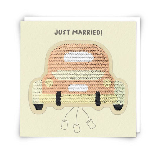 Just Married! Wedding car Greetings Card with Reusable Sequin Patch