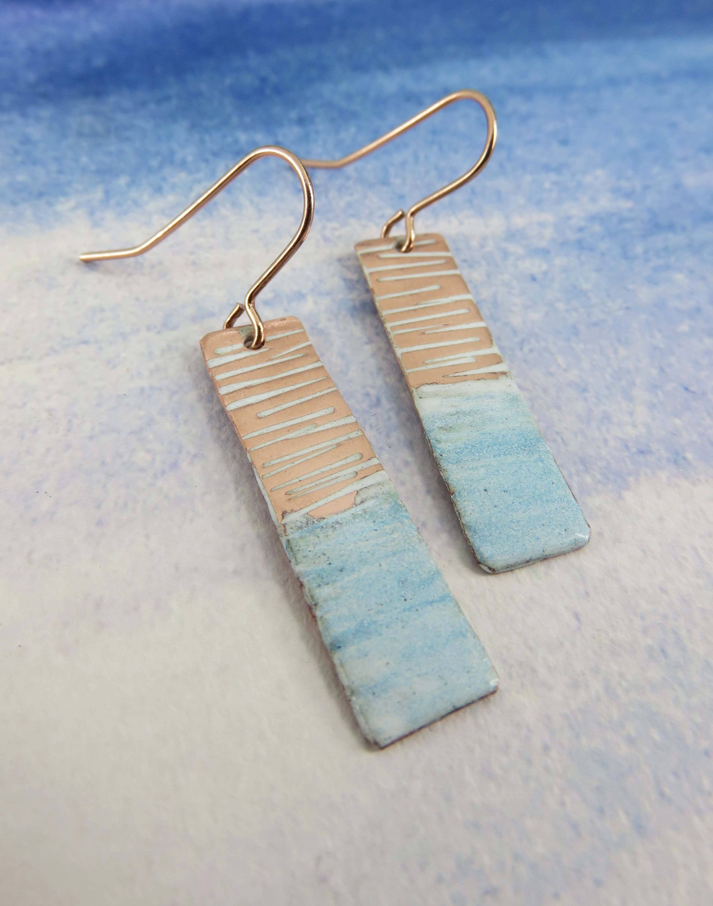 Enamel & Textured Copper Earrings in White and Blue Enamel