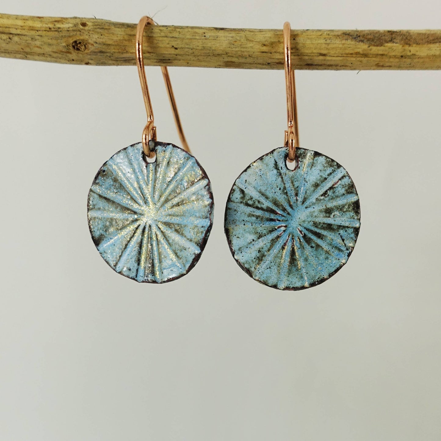 Enamel and Line Textured Copper Dangle Earrings