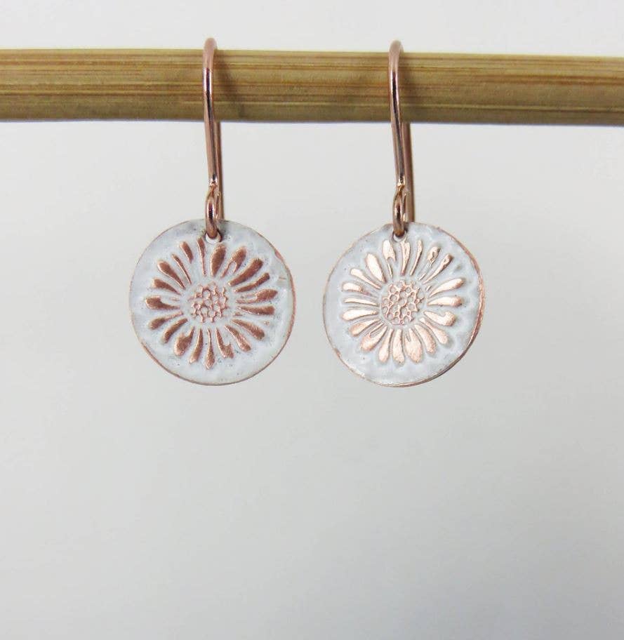 Enamel and Single Daisy Textured Copper Dangle Earrings