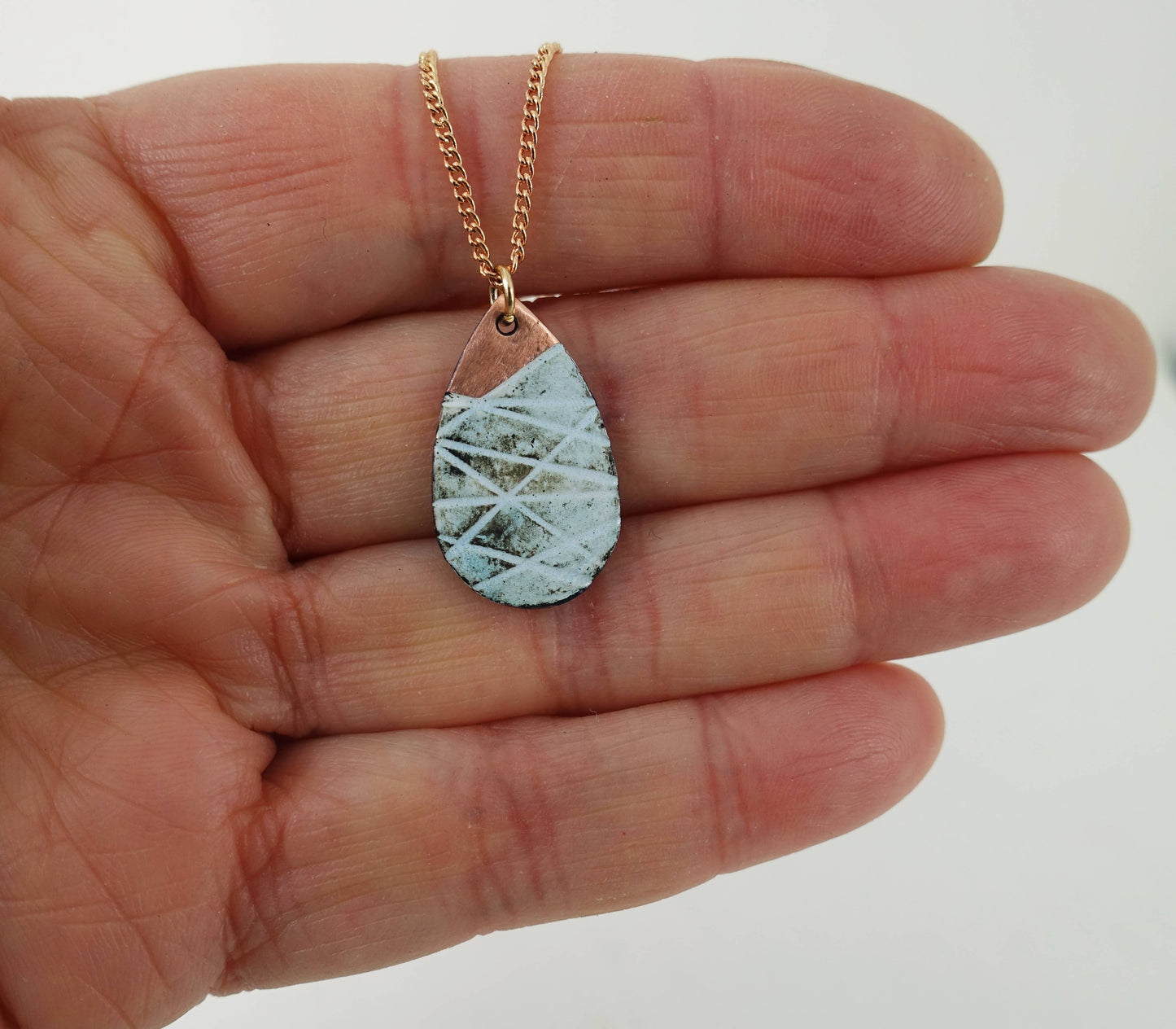 Line Textured Enamel Copper Teardrop Pendant