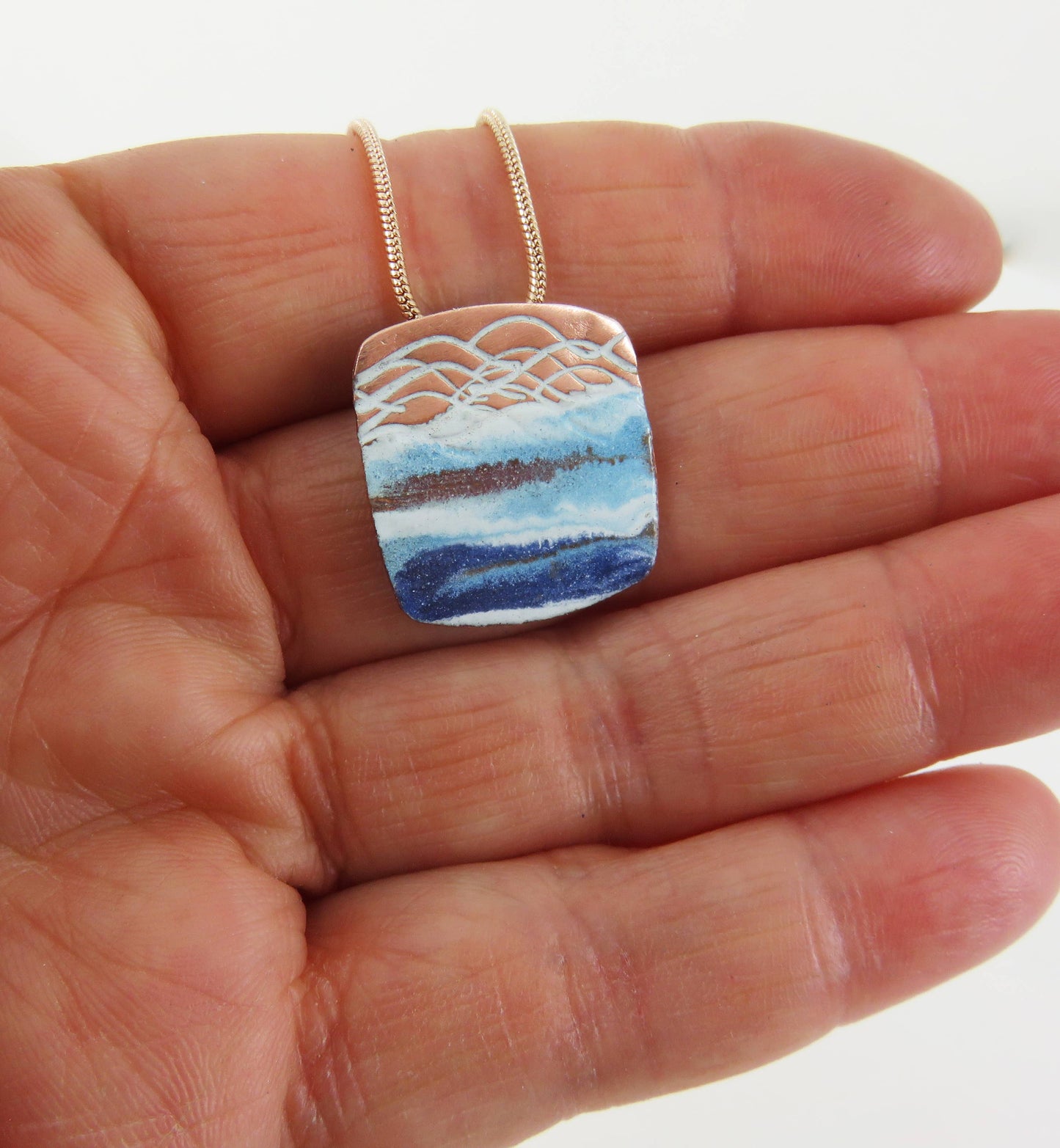 Copper and Enamel Textured Beach Ocean Seaside Pendant
