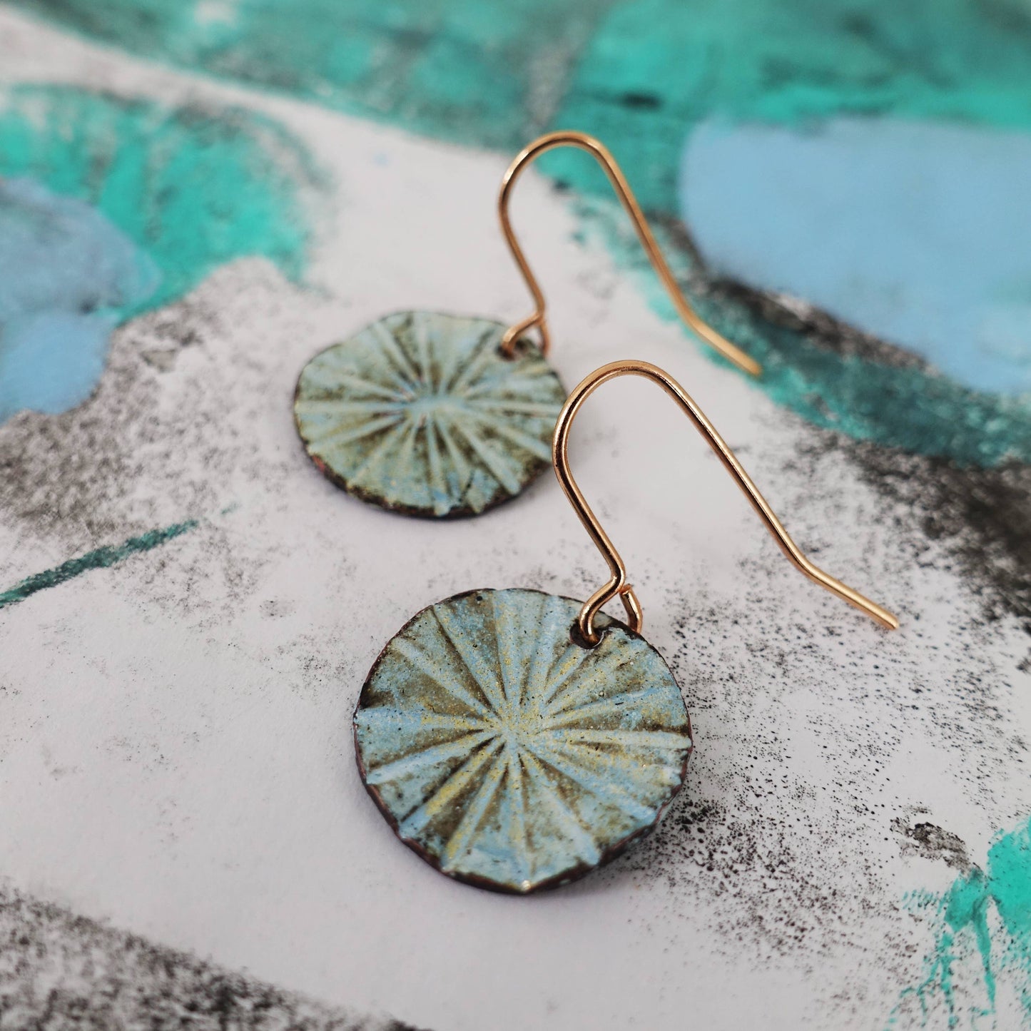 Enamel and Line Textured Copper Dangle Earrings