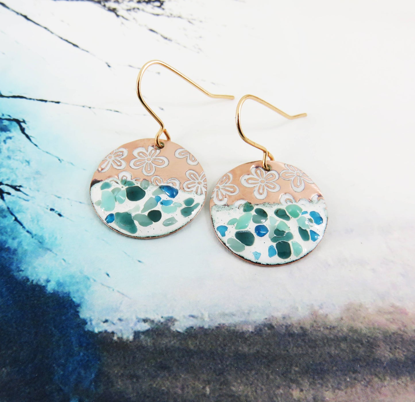 Enamel, Glass and Flower Textured Copper Dangle Earrings