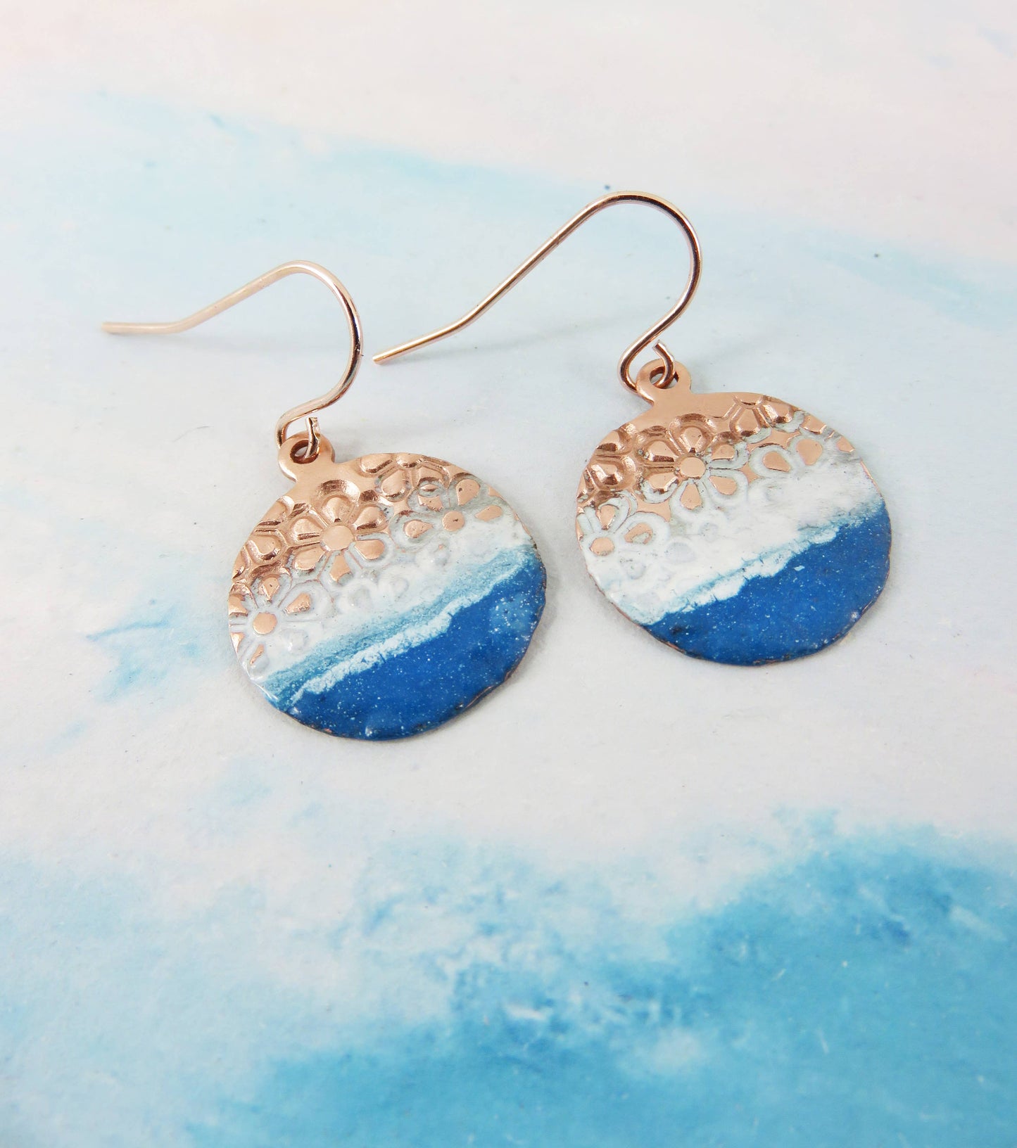 Enamel and Flower Textured Copper Earrings with Teal Enamel