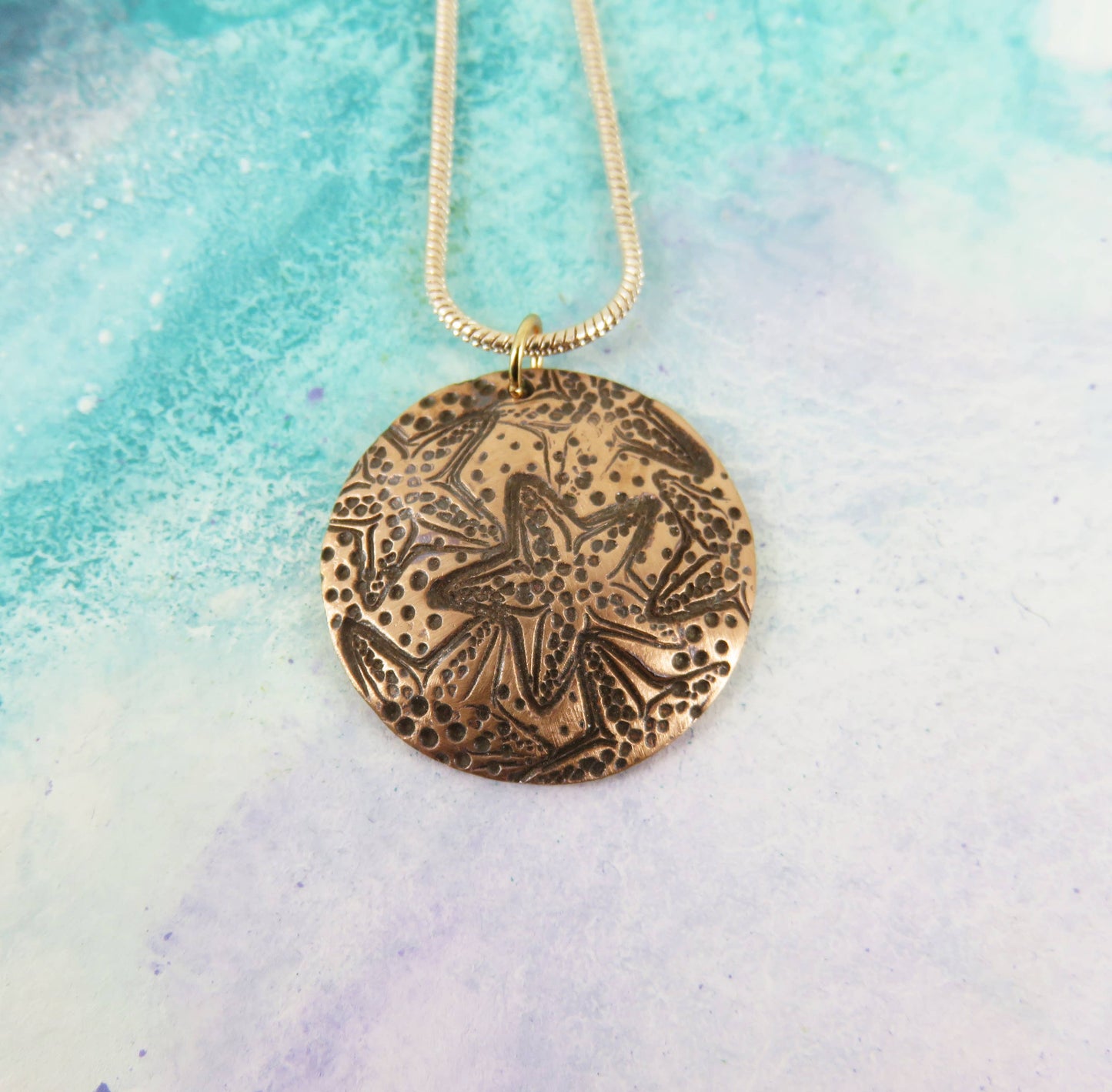 Round, Domed, Textured Copper Pendant with Enamel and Glass