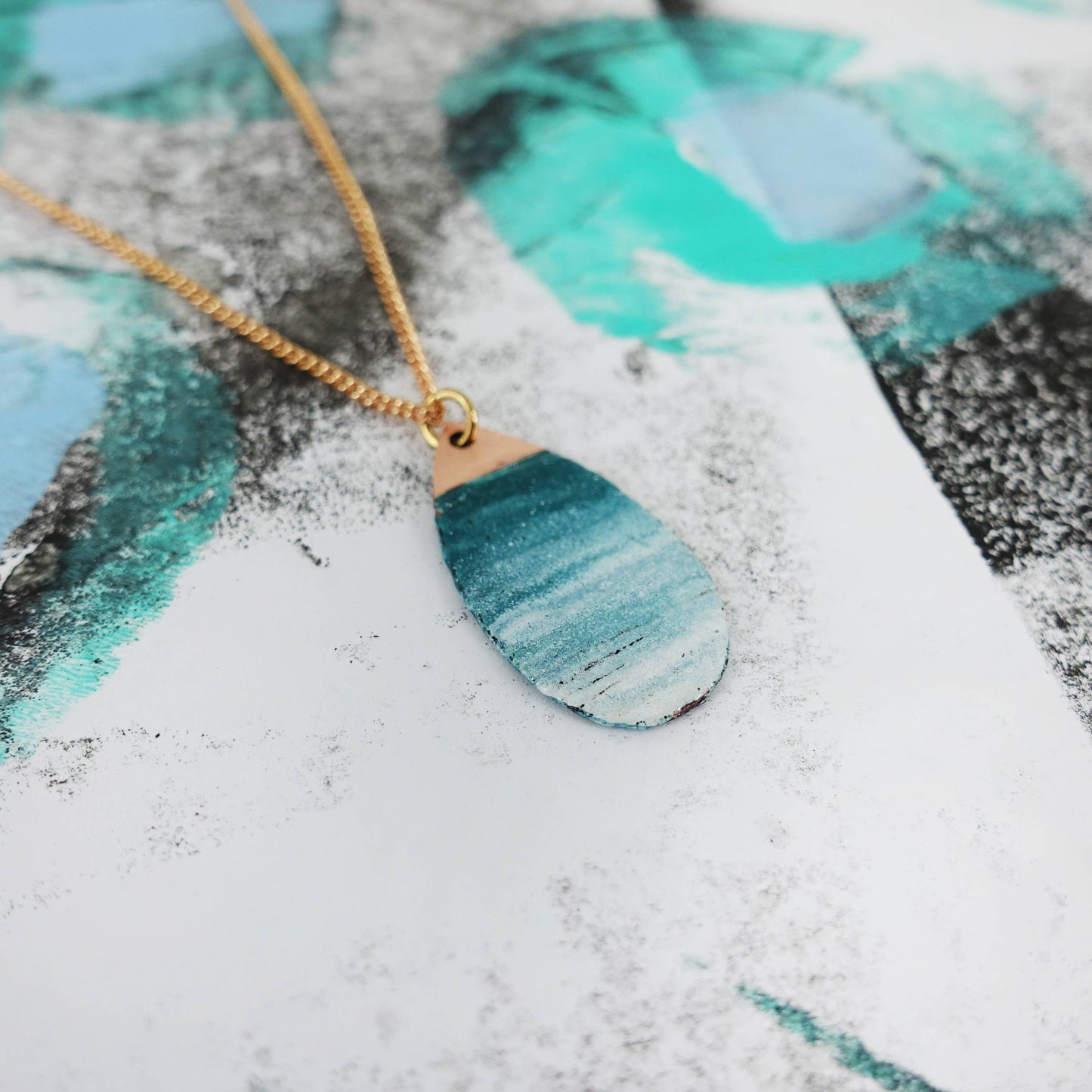 Oval Copper and Enamel Textured Pendant in Teal