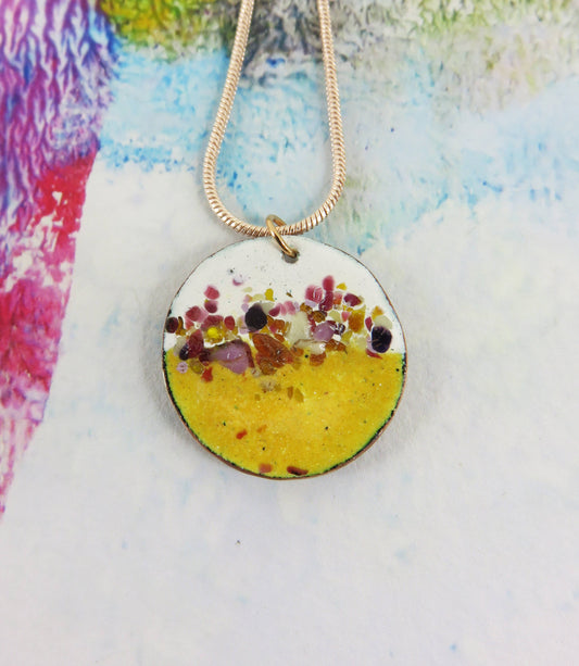 Round, Domed, Textured Copper Pendant with Enamel and Glass