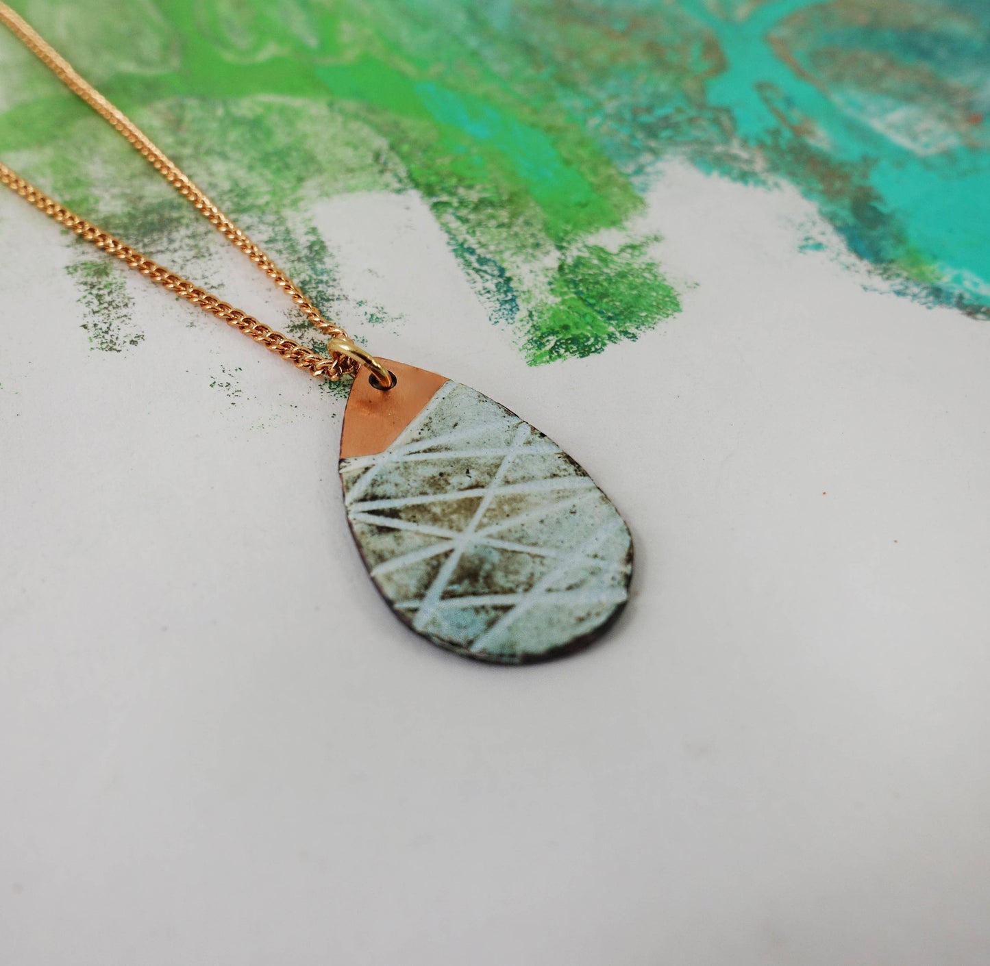 Line Textured Enamel Copper Teardrop Pendant