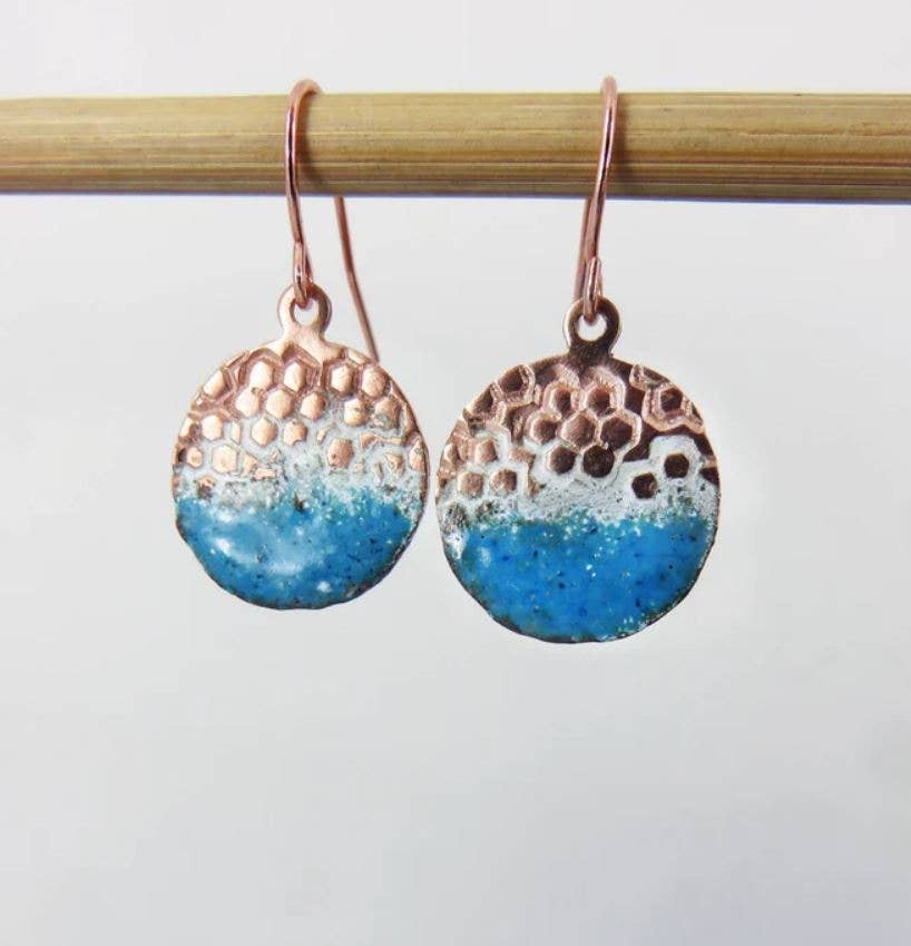 Enamel and Textured Copper Dangle Earrings with Teal Enamel