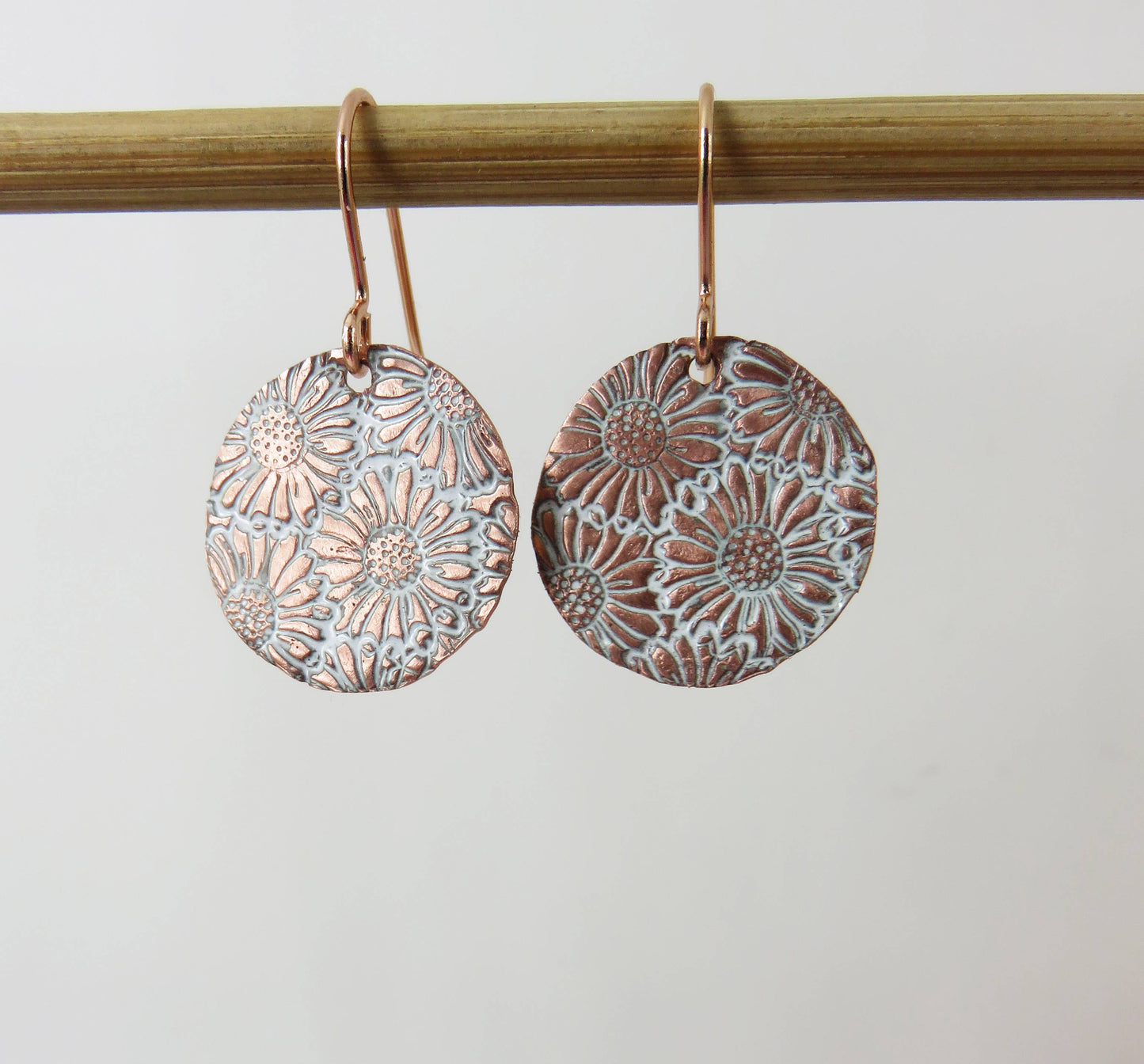 Enamel and Daisy Textured Copper Dangle Earrings