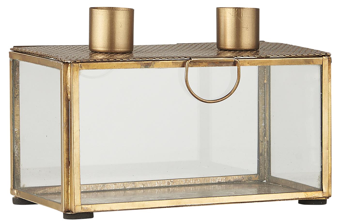 Double Candle Holder- Glass box with pierced metal lid - Antique Gold