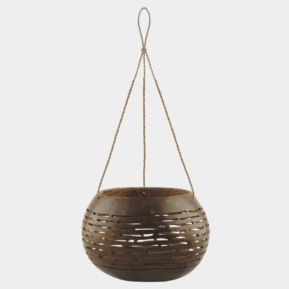Dark coconut hanging pot - horizontal lines