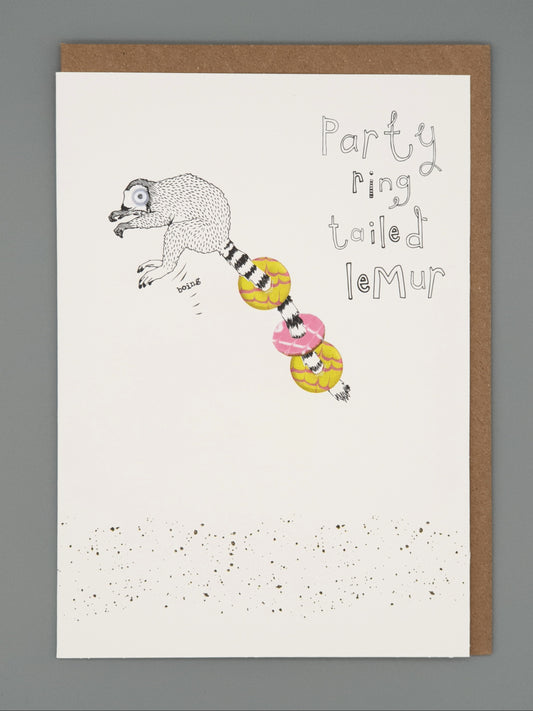 Party ring tailed lemur-  Greetings card