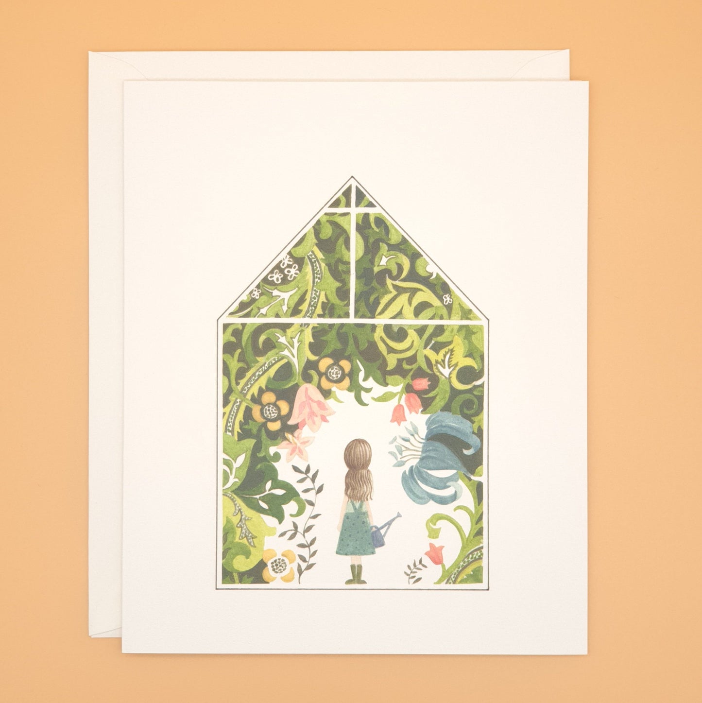 Girl in a greenhouse - greetings card