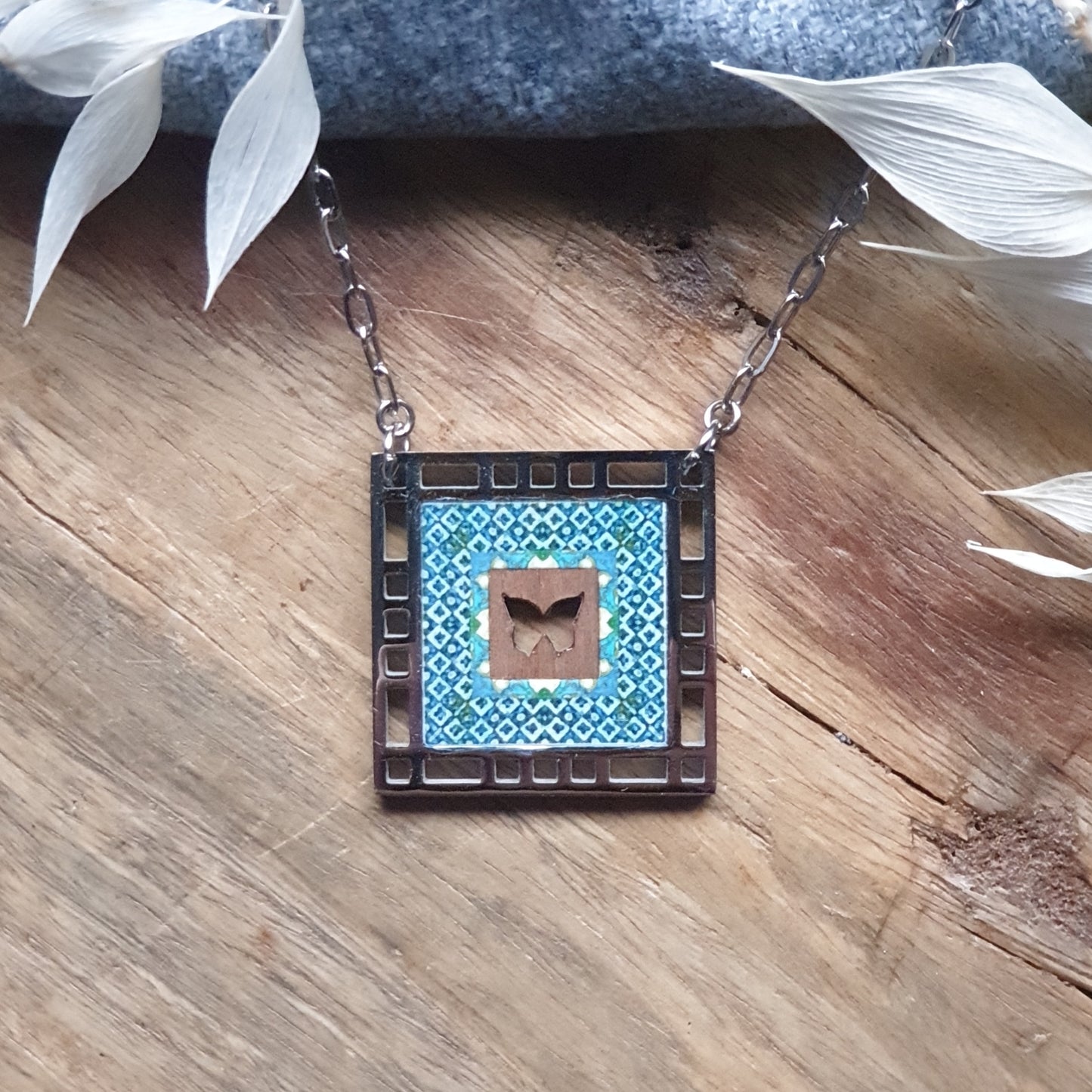 Walnut Inlay Geometric Square Necklace on 24" chain