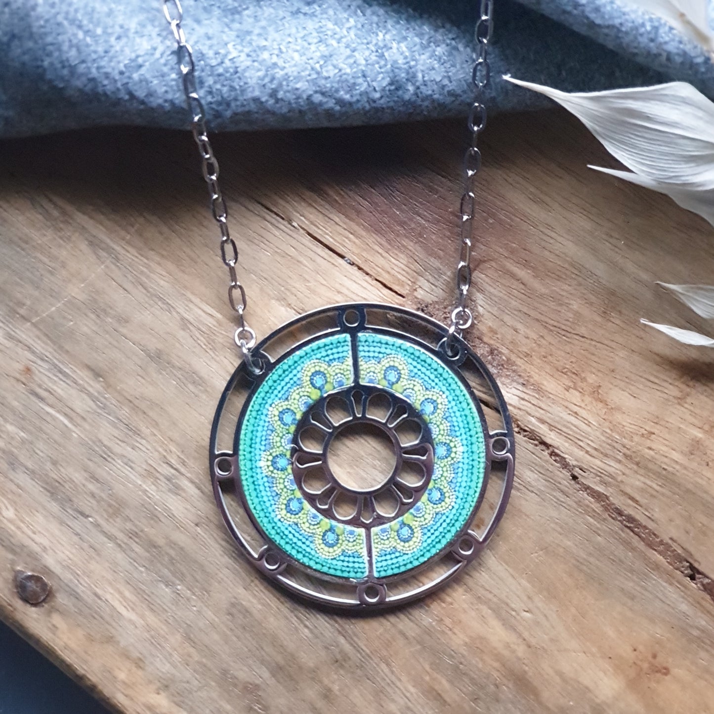 Walnut Inlay Geometric Circle Necklace on 24" chain