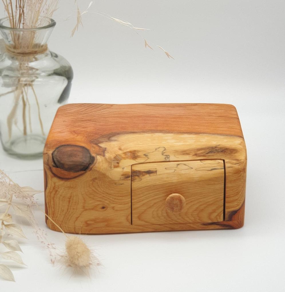 Natural edge wooden box with secret drawer - Yew