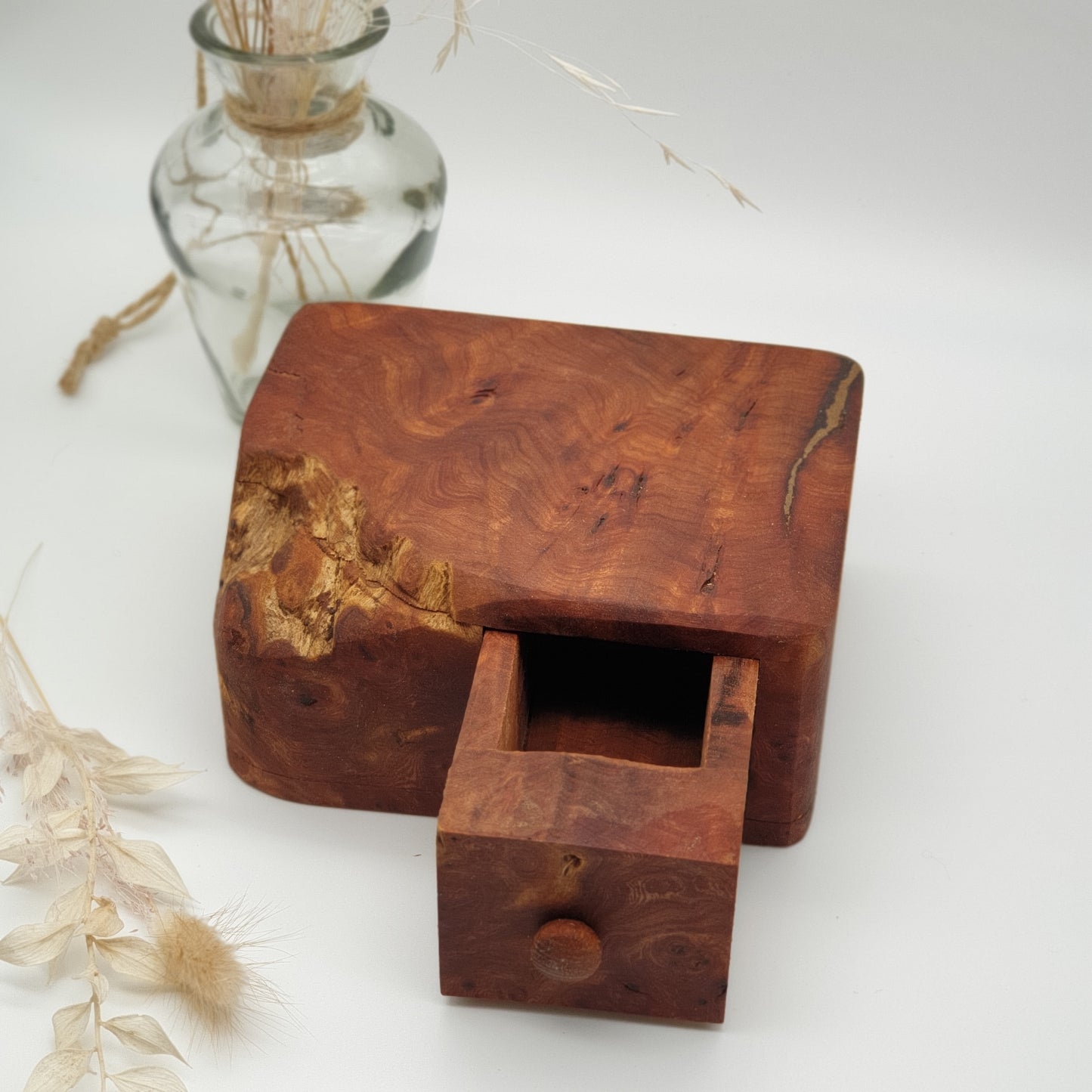 Natural edge wooden box with secret drawer - Elm Burr