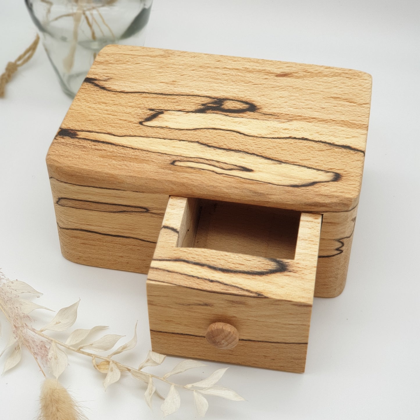 Natural edge wooden box with secret drawer - Spalted Beech