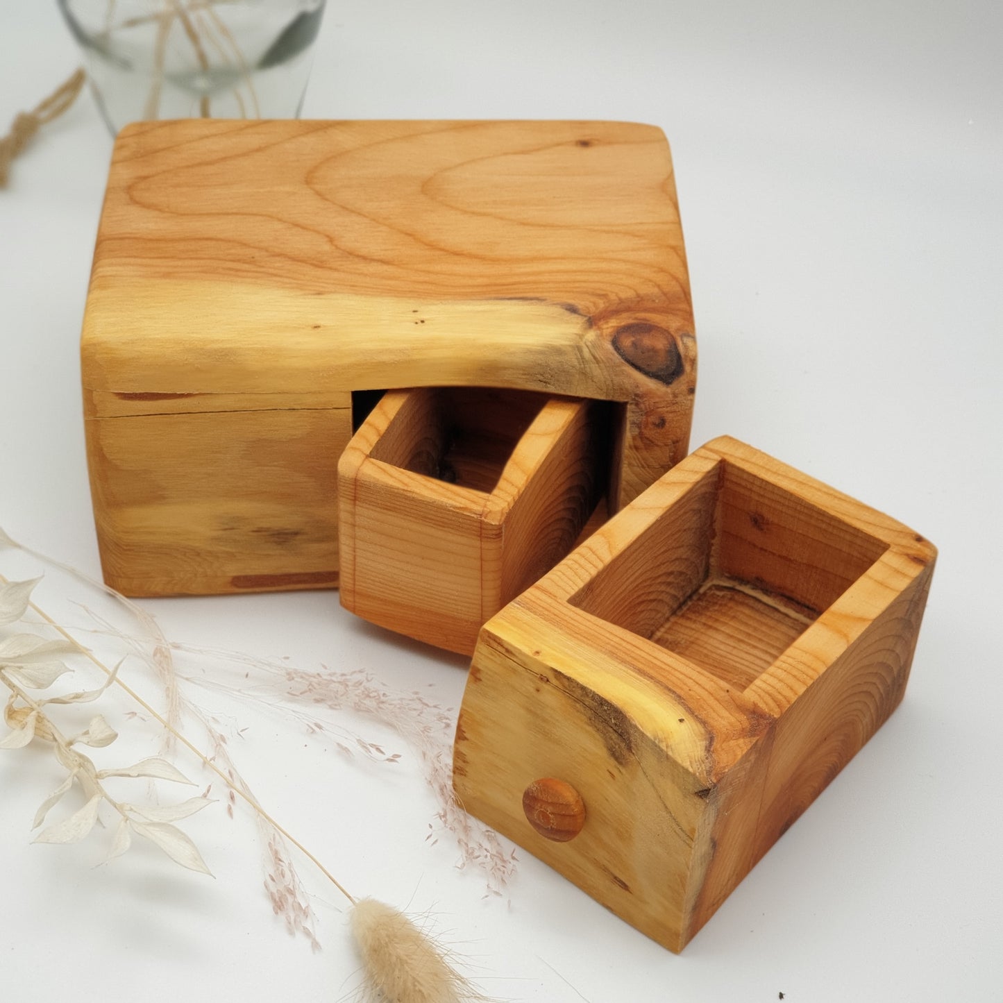 Natural edge wooden box with secret drawer - Yew