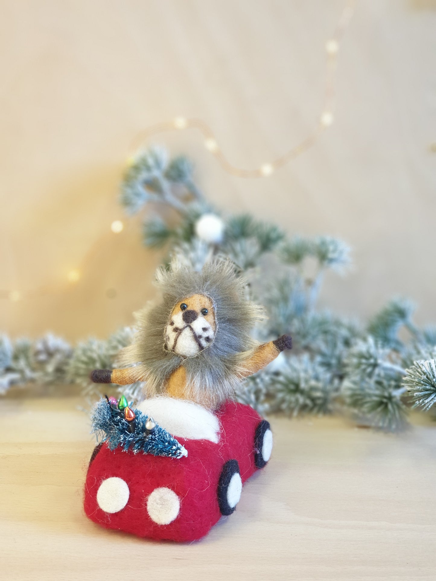 Lion in red car Felt Christmas decoration
