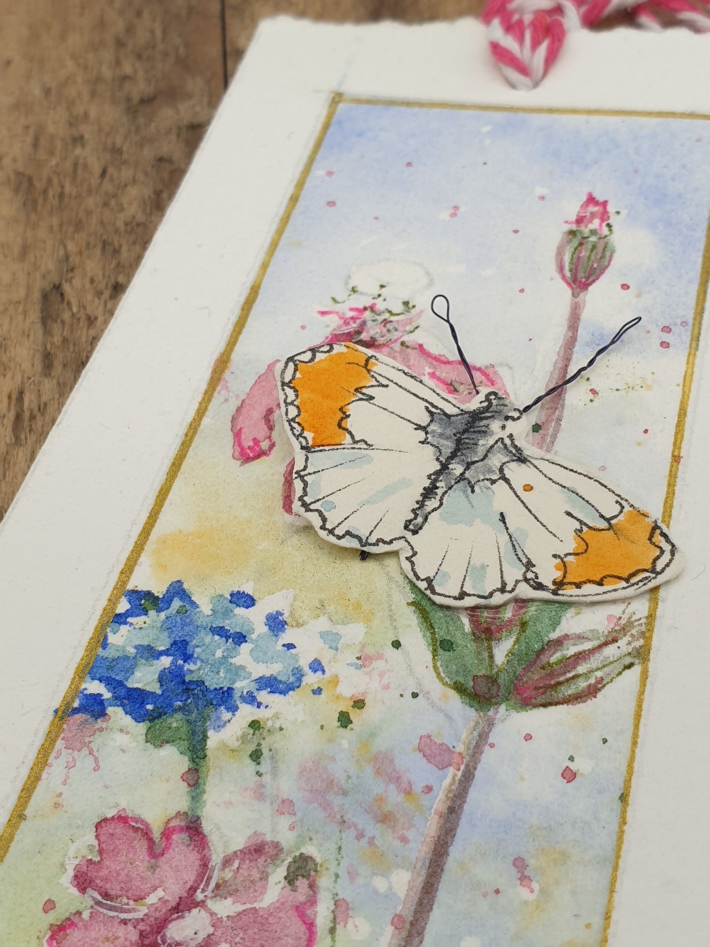 Original Watercolour Bookmark - Butterfly with Meadow flowers