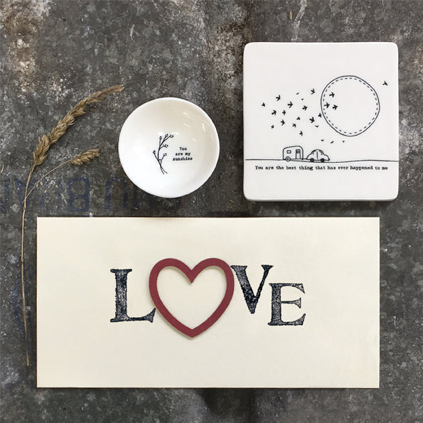 Love - hand stamped card with wooden heart