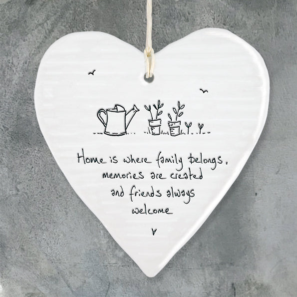Hanging Porcelain Heart - Home is where family belongs