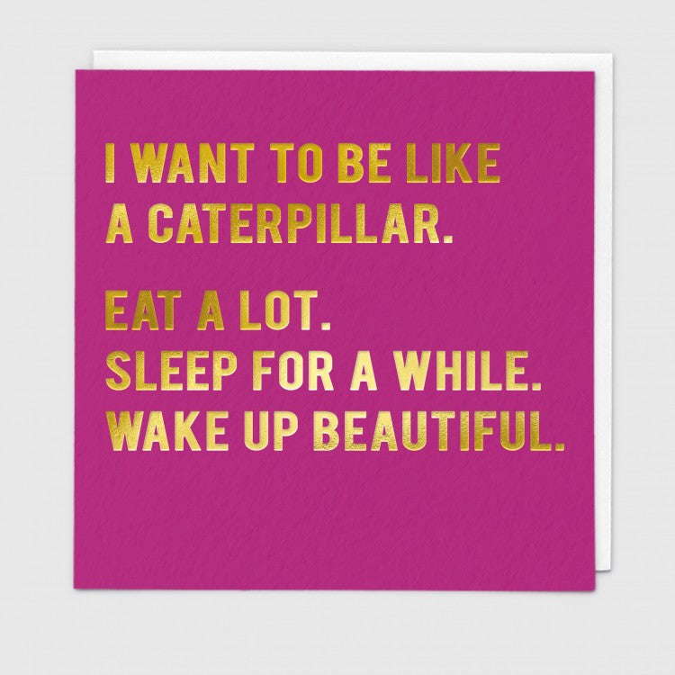 I want to be like a Caterpillar.  Eat a lot. Sleep for a while. Wake up beautiful.   Birthday card