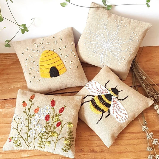 Bees- Linen Lavender Bags Embroidery Kit