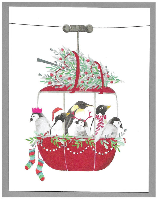 Penguins in Cable car - 5 pack of Christmas cards