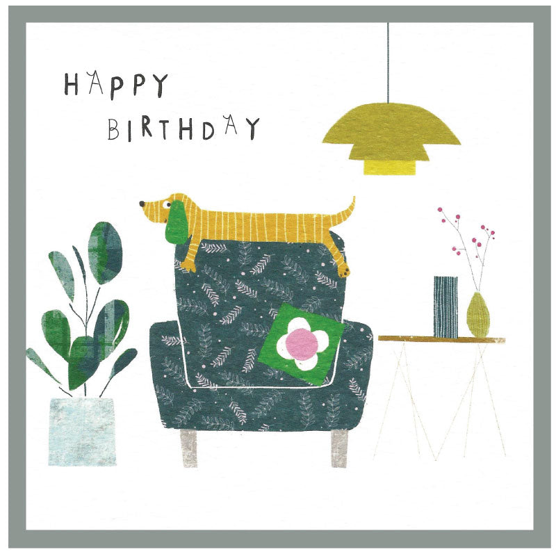 Happy birthday- sausage dog on an armchair - Greetings card