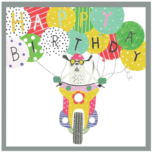 Happy birthday dog on a scooter - Greetings card