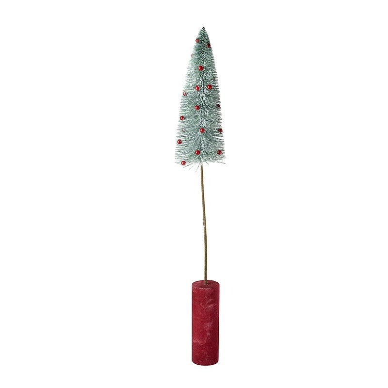 Tall Green Bristle Brush Tree on Red Wood base