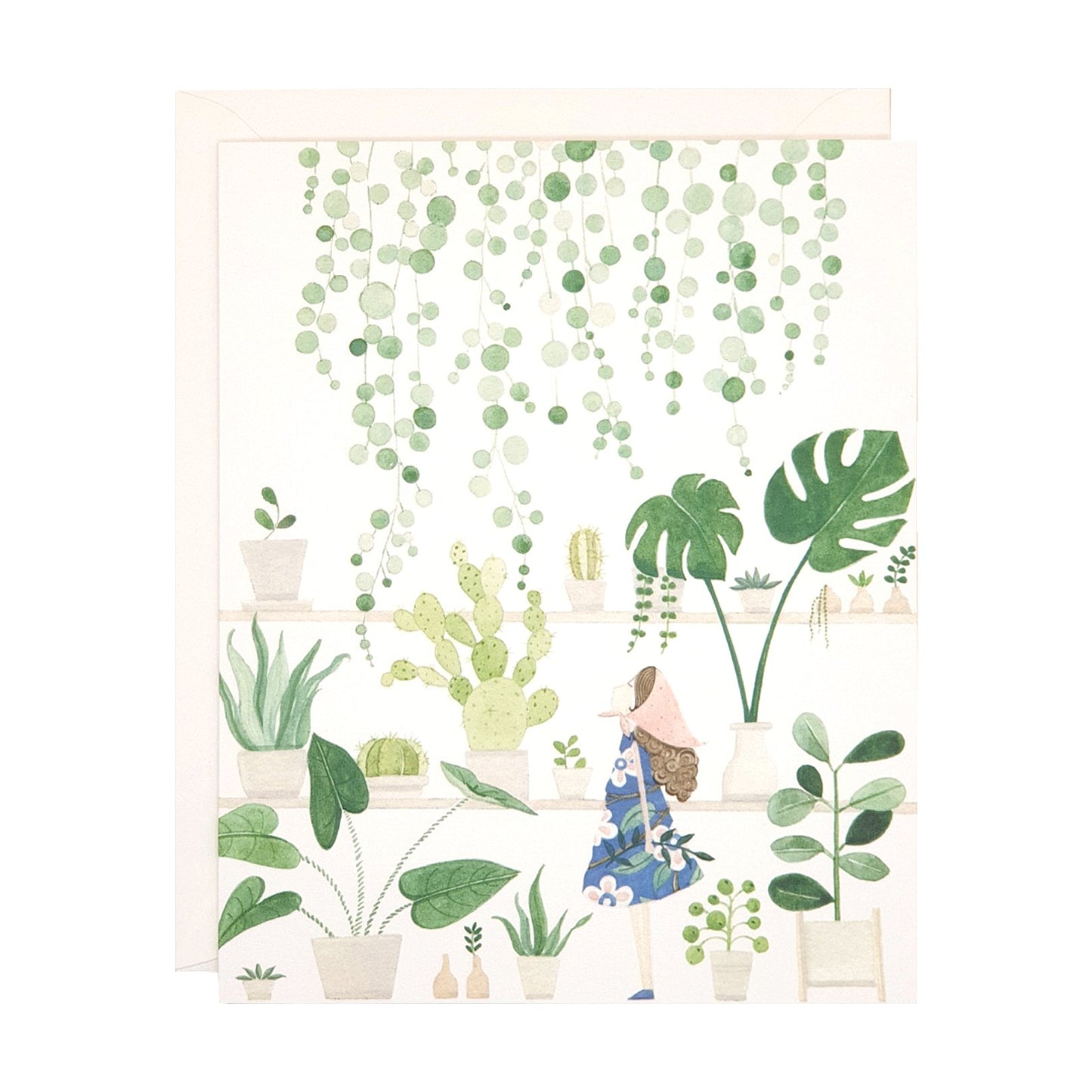 Girl and house plants - greetings card
