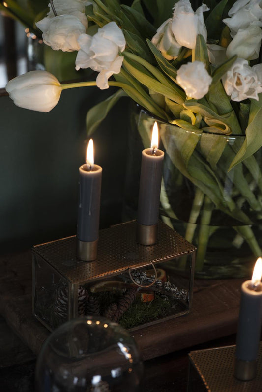 Double Candle Holder- Glass box with pierced metal lid - Antique Gold