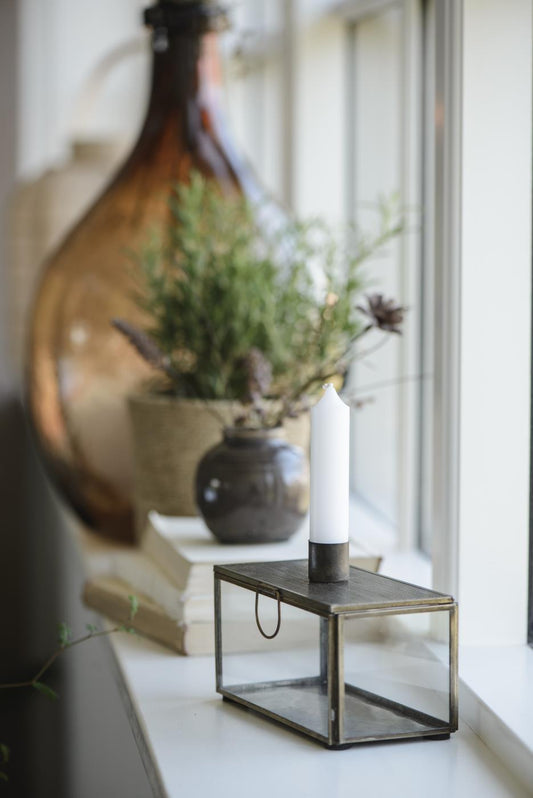 Single Candle Holder- Glass box with pierced metal lid - Antique Bronze