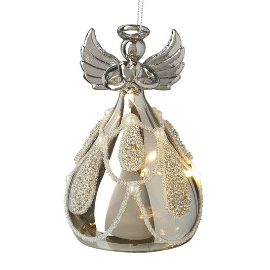 Glass Light-Up Glass Angel with Ornate Skirt - Hanging Ornament