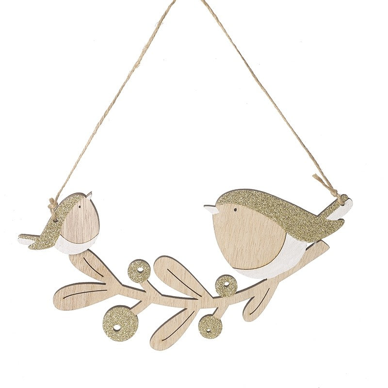 Ply Wood Gold Glitter Robins Hanging Decoration