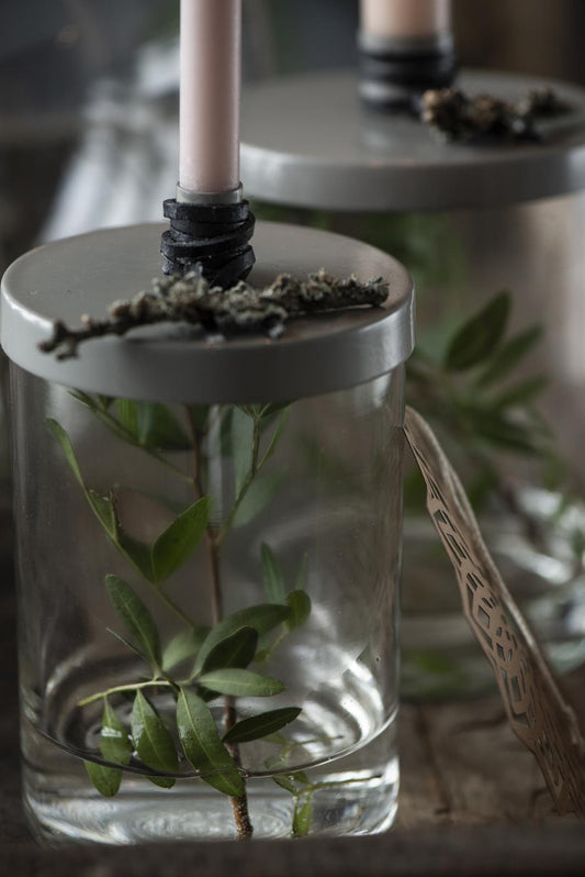 Taper Candle Holder- Glass with Metal Lid