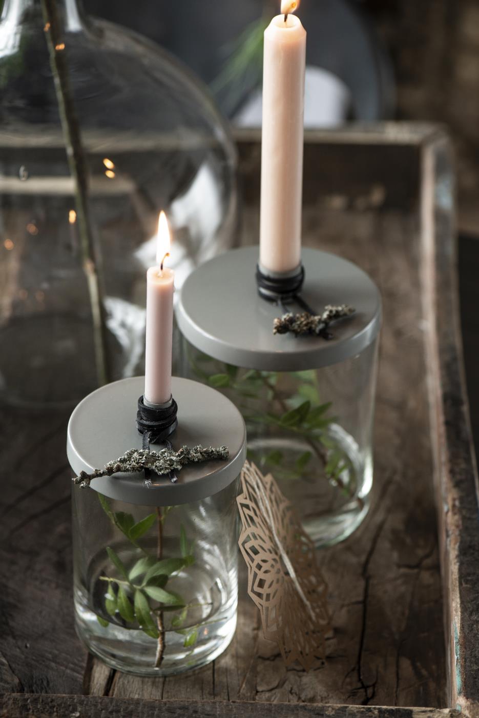 Taper Candle Holder- Glass with Metal Lid