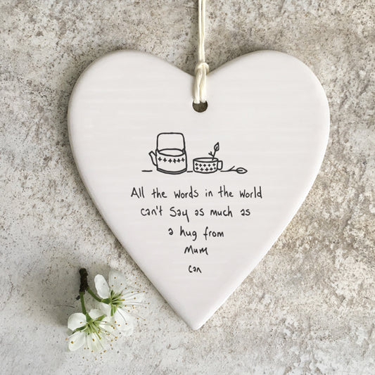 Porcelain wobbly Heart hanger- Hug from mum
