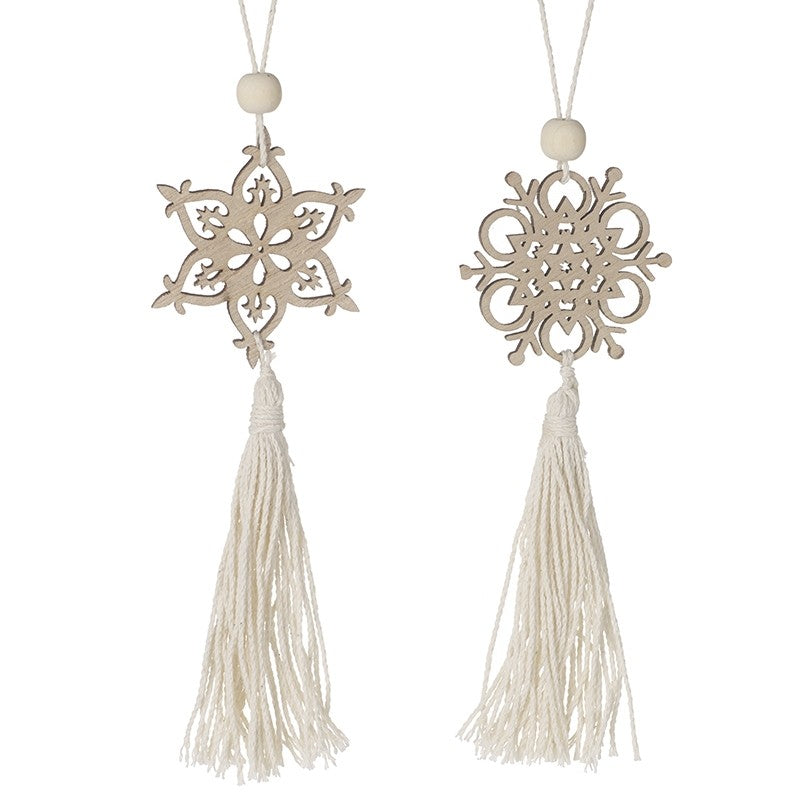 Wooden snowflakes with tassels - decoration